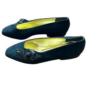 1980s Vintage CHANEL Black Suede & Sequin Camellia Motif Trim Ballet Flats